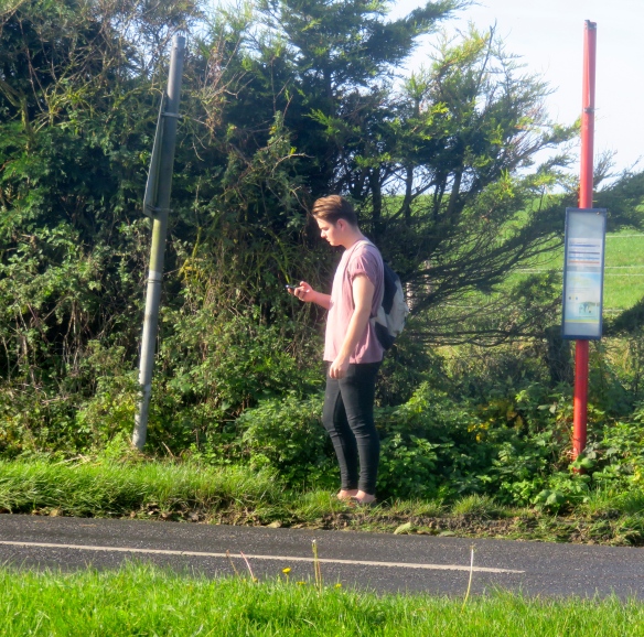 Young man at bus stop